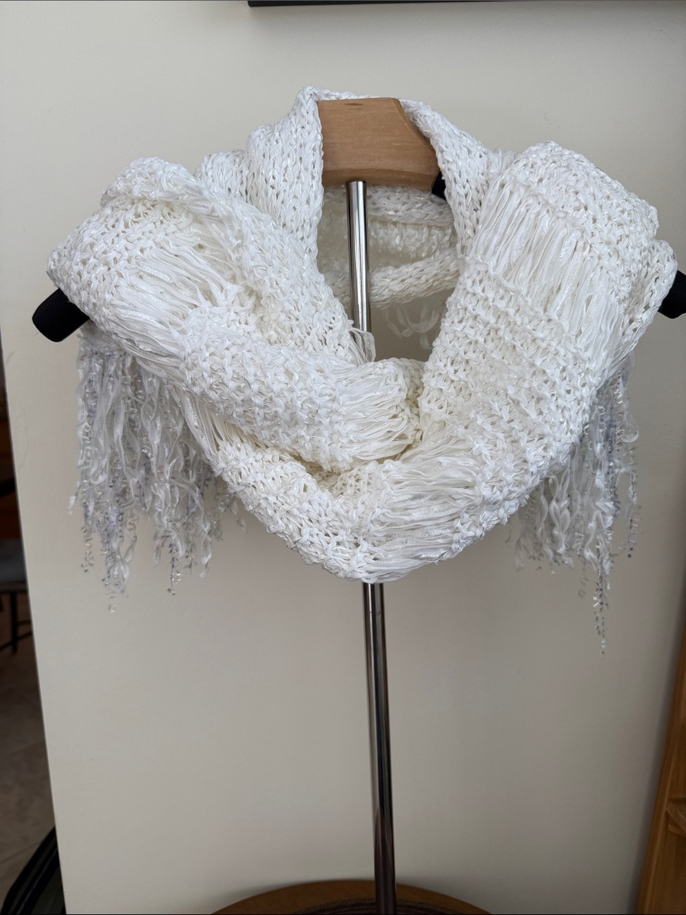 Cozy White Knit Infinity Scarf with Fringe